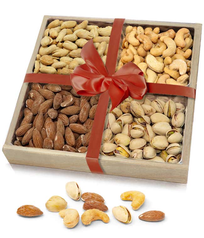 Variety of nuts in wooden tray