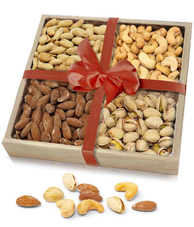 Variety of nuts in wooden tray