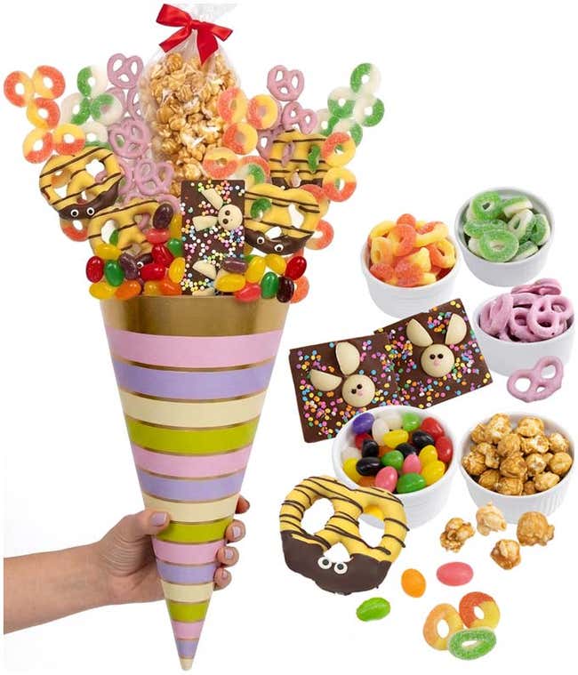 Cone Height 22in.. Candies and chocolates are packaged inside the cone for freshness.&nbsp; The bouquet-style display is for visual presentation only.