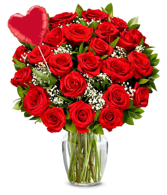 Two Dozen Red Roses + Heart Balloon