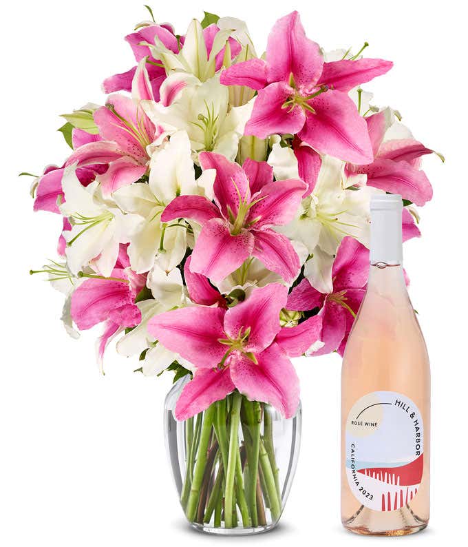 Premium Pink and White Lilies with Rosé Wine
