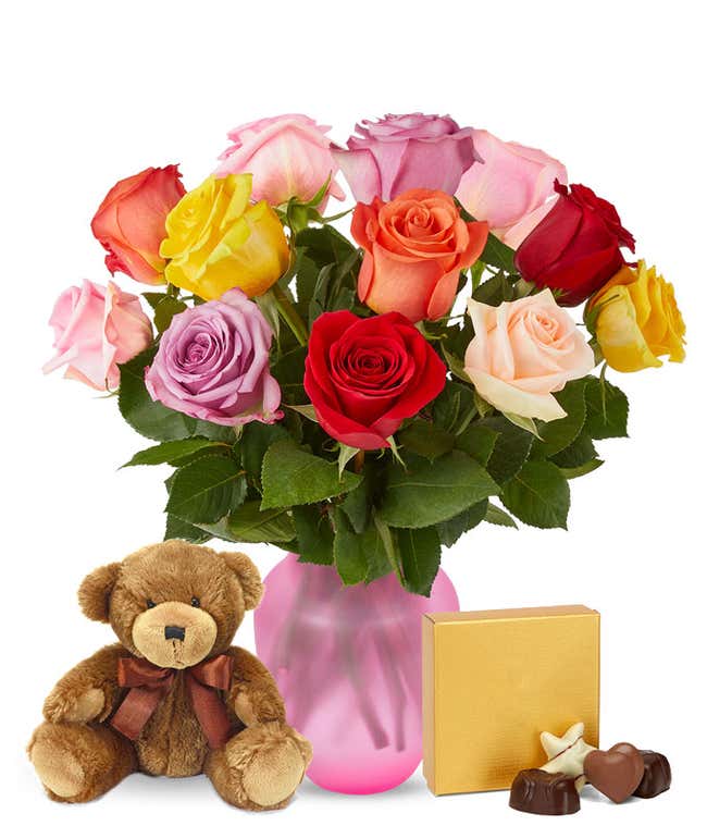 Mixed roses, teddy bear and chocolates