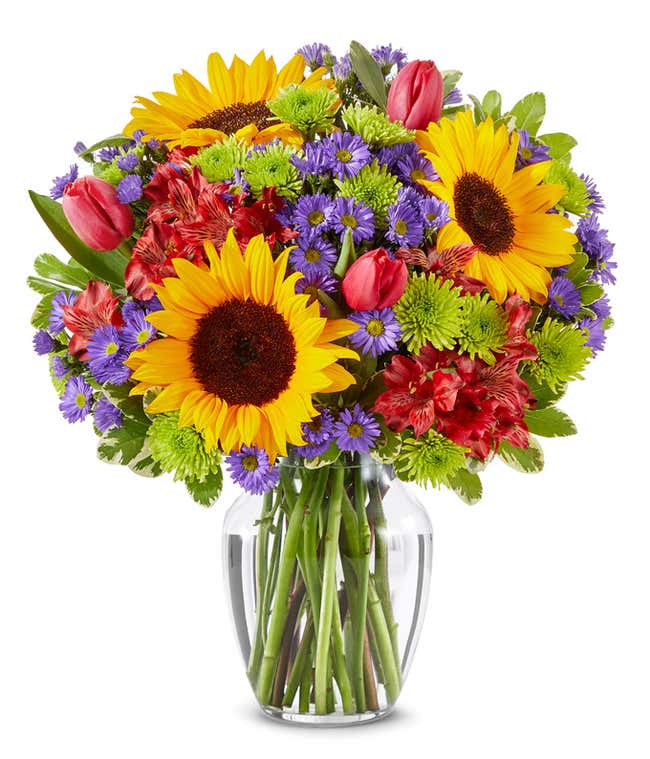 A vibrant arrangement featuring sunflowers, pink tulips, red alstroemeria, purple Monte Casino asters, and green poms, optionally arranged in a glass vase. This lively mix offers a bright and cheerful display.