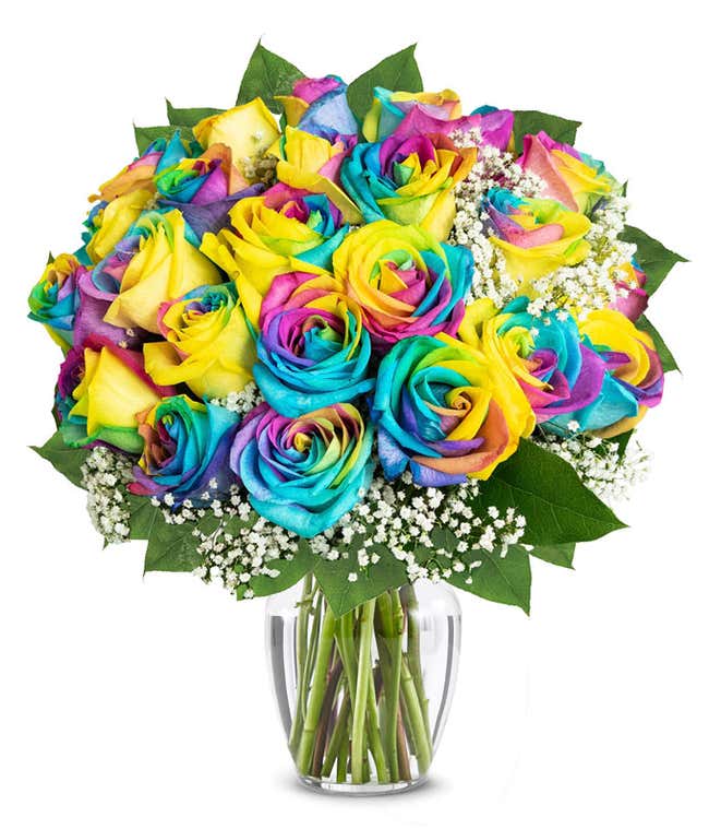  A stunning arrangement featuring 24 wild rainbow roses, optionally presented in a vase. This vibrant and colorful display offers a striking and eye-catching centerpiece, perfect for adding a touch of joy and celebration to any occasion.