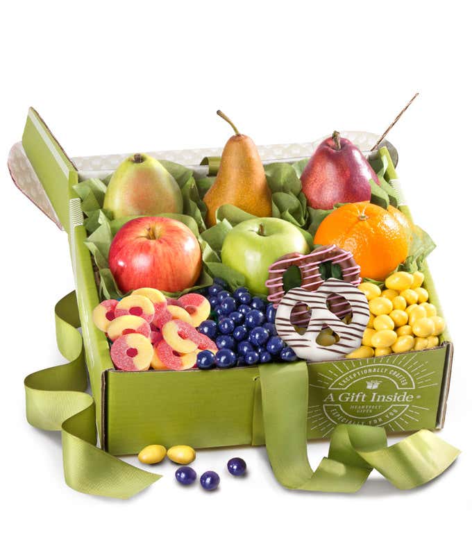 Springtime Gift Box: D'Anjou Pears, Red Pear, Braeburn Apples, Granny Smith Apple, Navel Oranges, Chocolate Dipped Spring Pretzels, Lemon Crème Almonds, Gummy Peach Rings, Chocolate Covered Dried Blueberries, Assorted Ghirardelli Chocolate Squares.