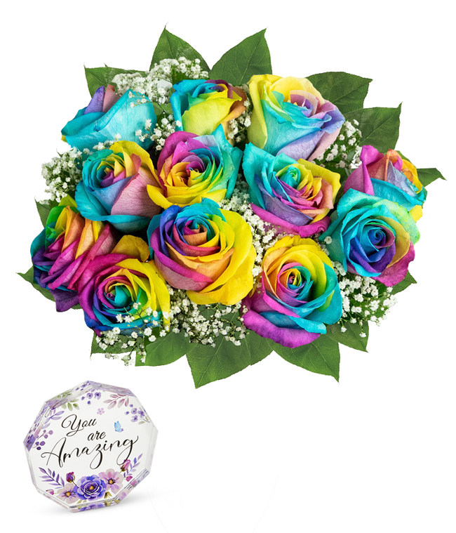 Partial image of A colorful bouquet of rainbow roses in a clear glass vase, with petals in vibrant hues of blue, yellow, pink, and purple, accented by baby's breath and green leaves, creating a bright and cheerful display. without vase.